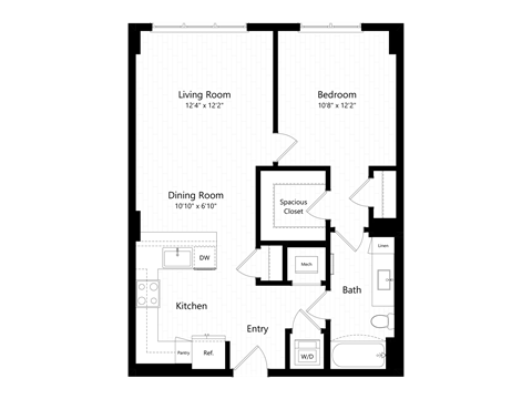 Floor plan for 1 bed, 1 bath, 761 sqft